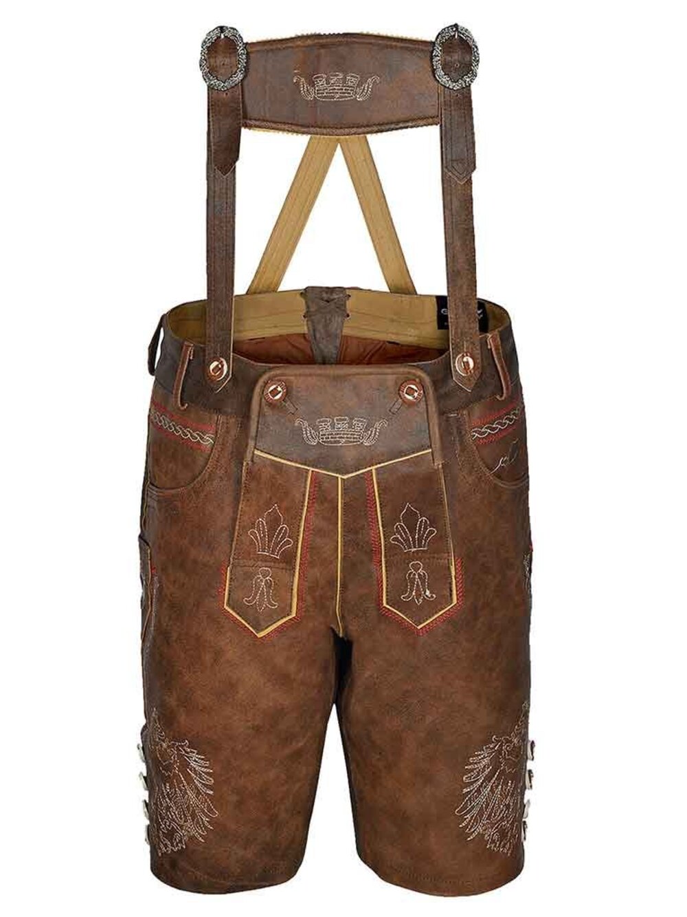 Men’s Bavarian Lederhosen Red Brown Leather Oktoberfest Traditional German Wear